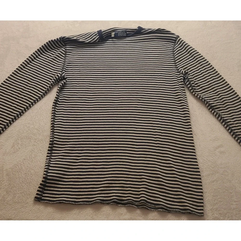 Polo Ralph Lauren Men's Large Blue White Striped Waffle Knit‎ Thermal Shirt L/S